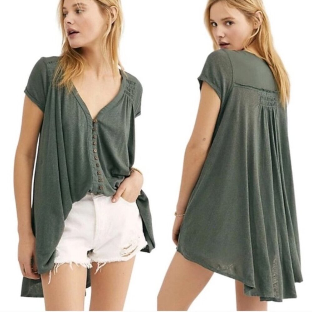 Free People Highland Button Front Smocked High Low Top Army Green Linen Blend